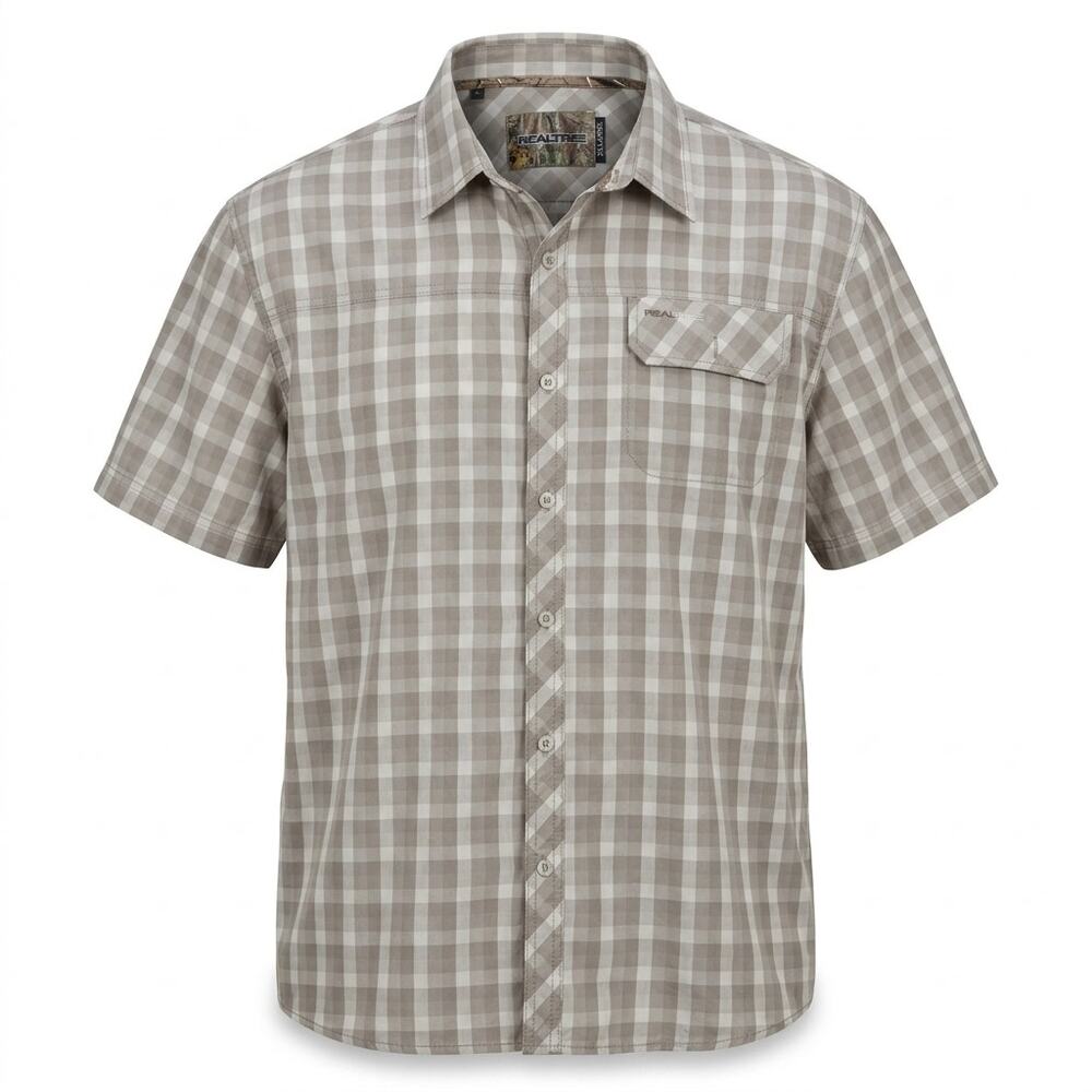 Realtree Gray Plaid Short Sleeve Button-Up Shirt Men Size 2XL